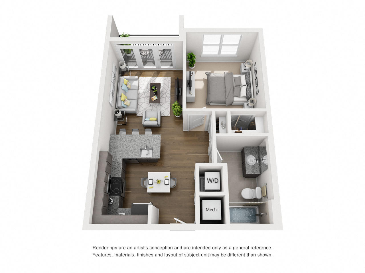Floor plan for 1 bed, 1 bath, 600 sqft